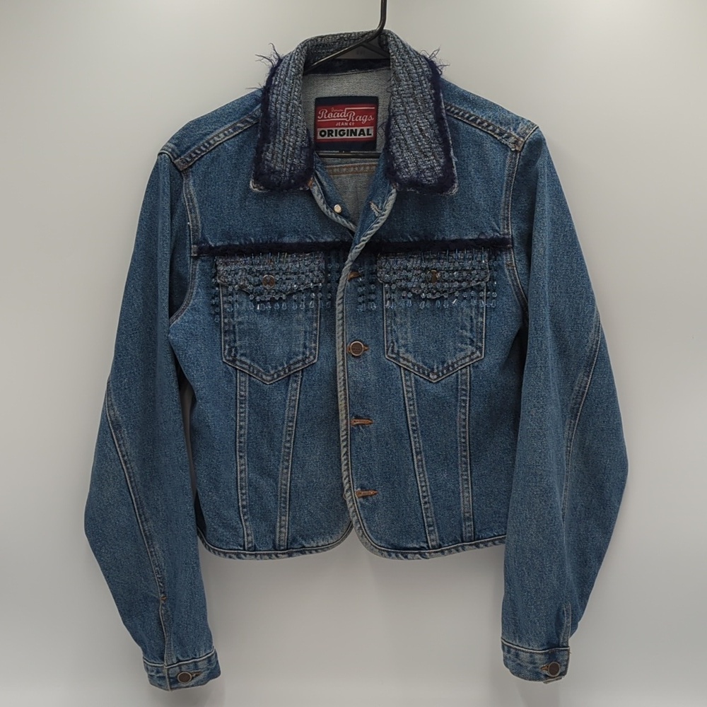 Vintage 90s Road Rags Originals Denim Jacket Beaded Blue Jean Trucker Large